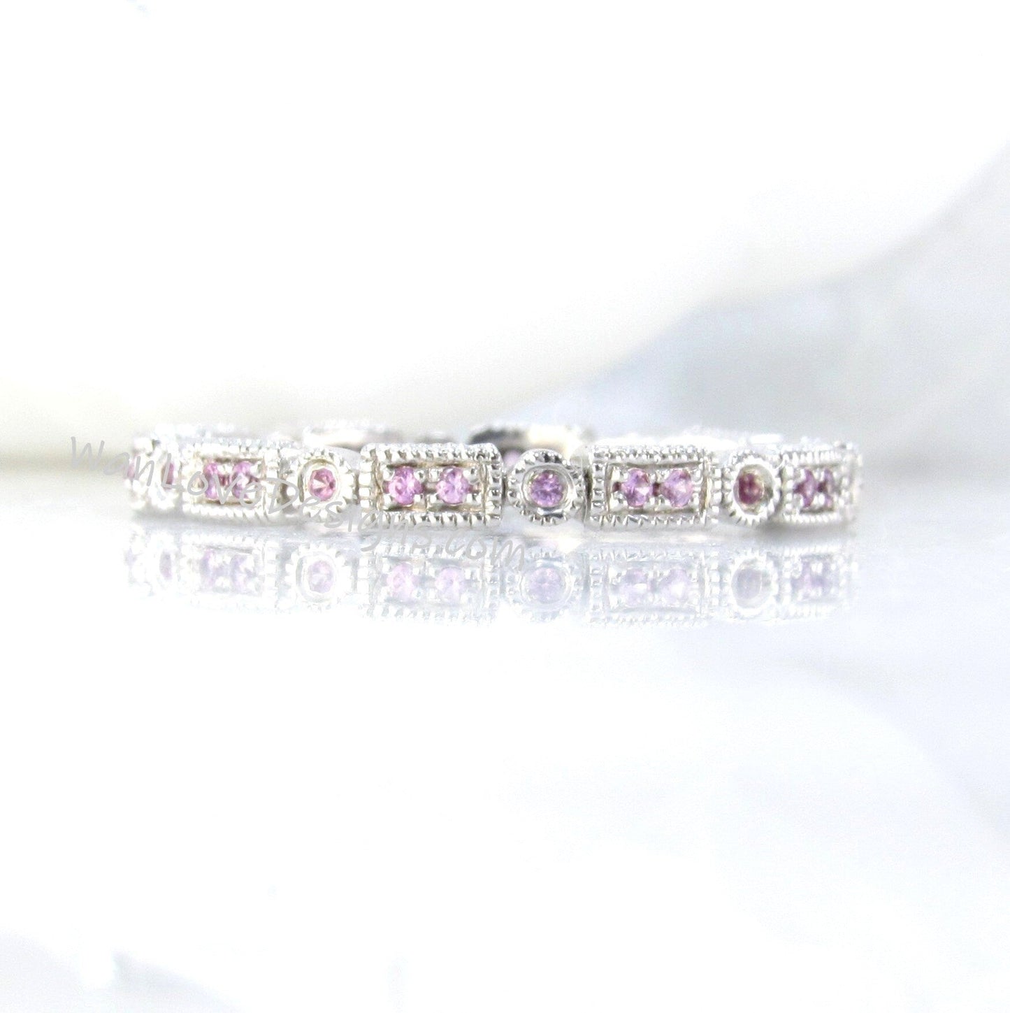 14K Solid White Gold Rings / Pink Sapphire Wedding Band/ Anniversary Ring/ Art Deco Ring/ Matching Ring/ Promise ring/ Gold Birthstone Ring Wan Love Designs