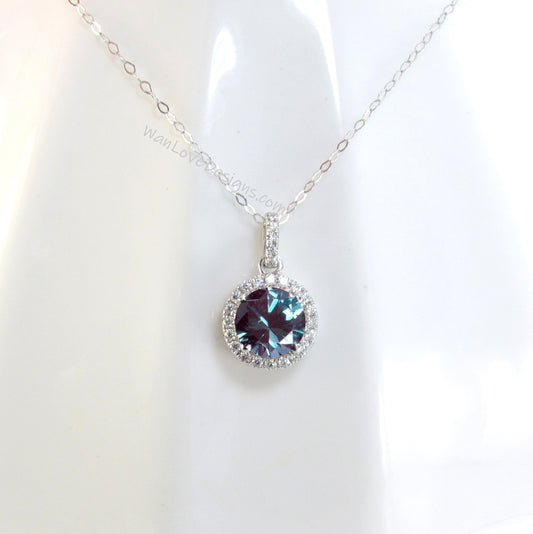 14K White Gold /Round Halo Necklace /Round Alexandrite and Diamond Necklace /Layering Diamond Necklace /Dainty Diamond Necklace/Gift for her Wan Love Designs