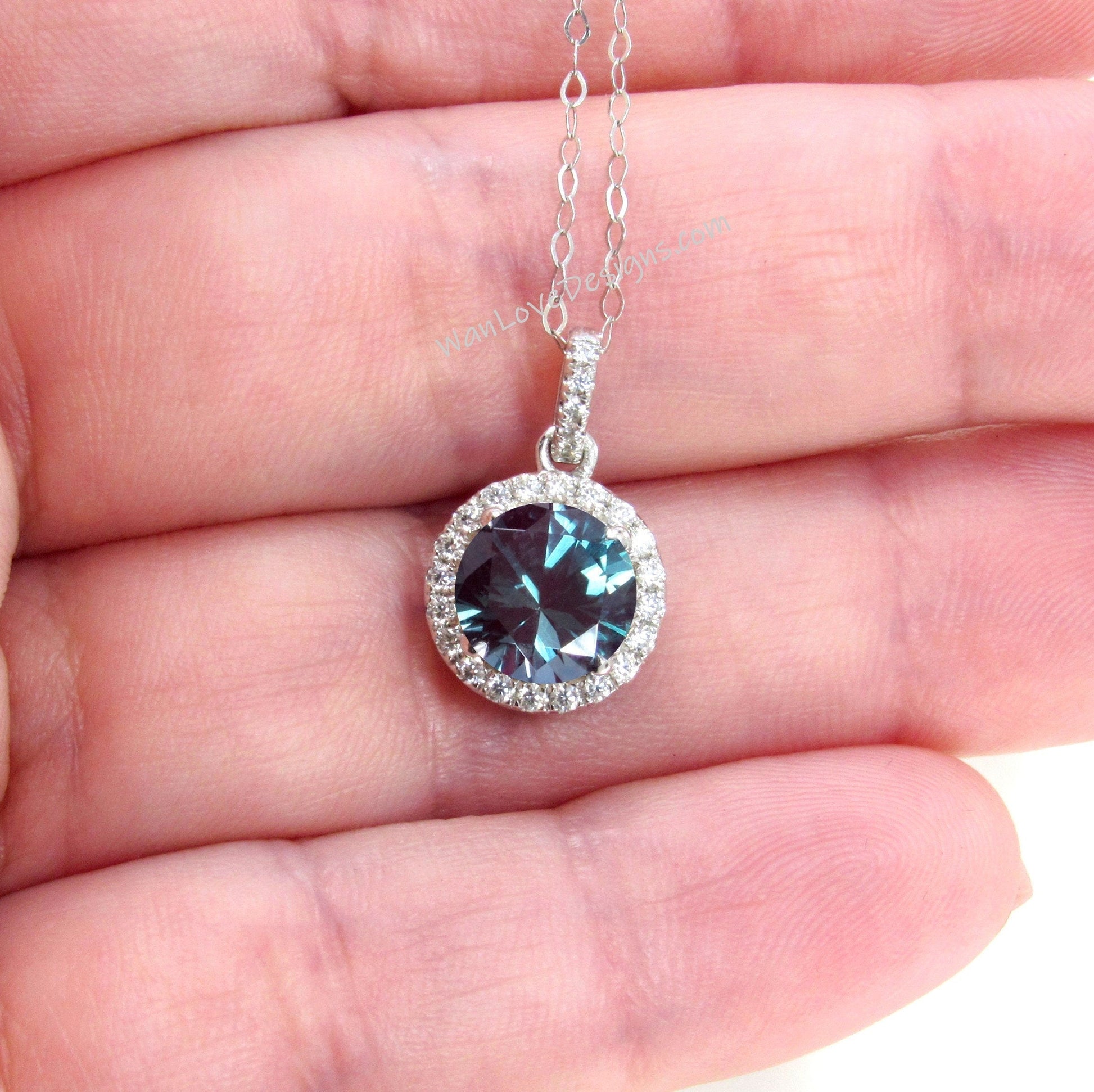 14K White Gold /Round Halo Necklace /Round Alexandrite and Diamond Necklace /Layering Diamond Necklace /Dainty Diamond Necklace/Gift for her Wan Love Designs