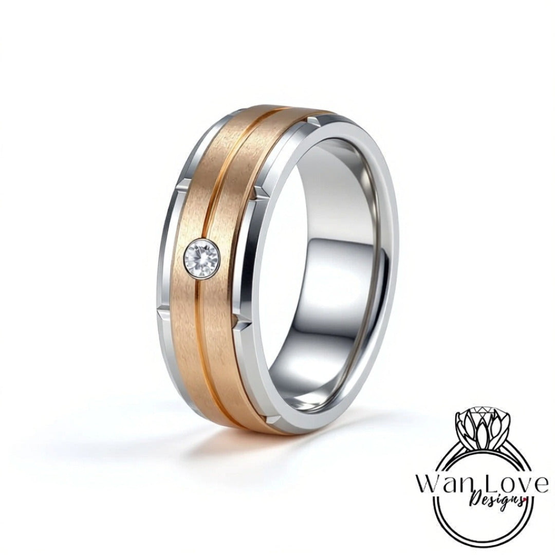 Mens Blue Sapphire Tungsten Band, Mens Silver Gold Wedding Ring, Mens Moissanite Diamond Wedding Ring, Tungsten Carbide Band,Engagement Ring