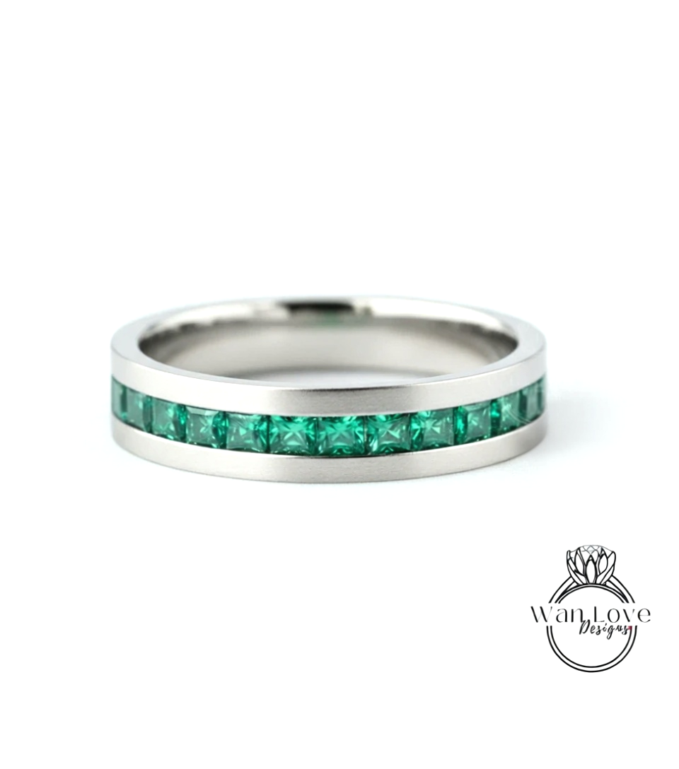Green Emerald Ring | 14K Gold Emerald Wedding Band | Princess cut Emerald Mens Ring | Statement Ring | Mens Birthstone Ring | Gift for Him
