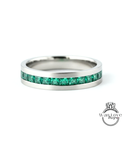 Green Emerald Ring | 14K Gold Emerald Wedding Band | Princess cut Emerald Mens Ring | Statement Ring | Mens Birthstone Ring | Gift for Him