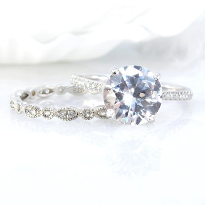 14k 18k gold Round White Sapphire Ring with Milgrain Leaf Scalloped Diamond Band, Simple White Sapphire Ring Set with Diamond Wedding Ring Wan Love Designs