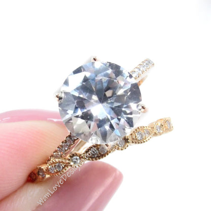 14k 18k gold Round White Sapphire Ring with Milgrain Leaf Scalloped Diamond Band, Simple White Sapphire Ring Set with Diamond Wedding Ring Wan Love Designs