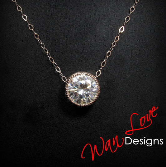 14k Gold Delicate Moissanite Necklace, Solitaire Bezel Necklace 2 Carat, 2ct Solitaire Necklace, Dainty Necklace, Birthstone Necklace Gift Wan Love Designs
