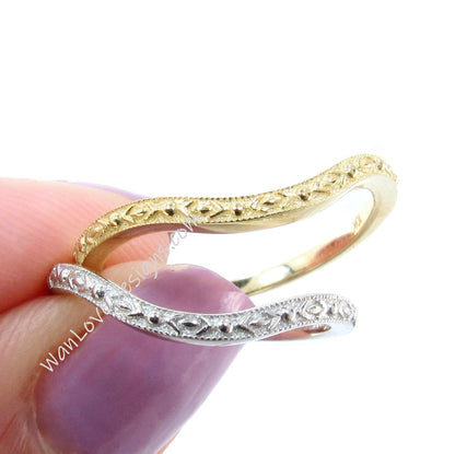 14k Gold Vintage Engraved Half Eternity Ring, Curved Engraving Wedding Band, Antique Style Engraving Band, Art Deco Milgrain Wedding Band Wan Love Designs