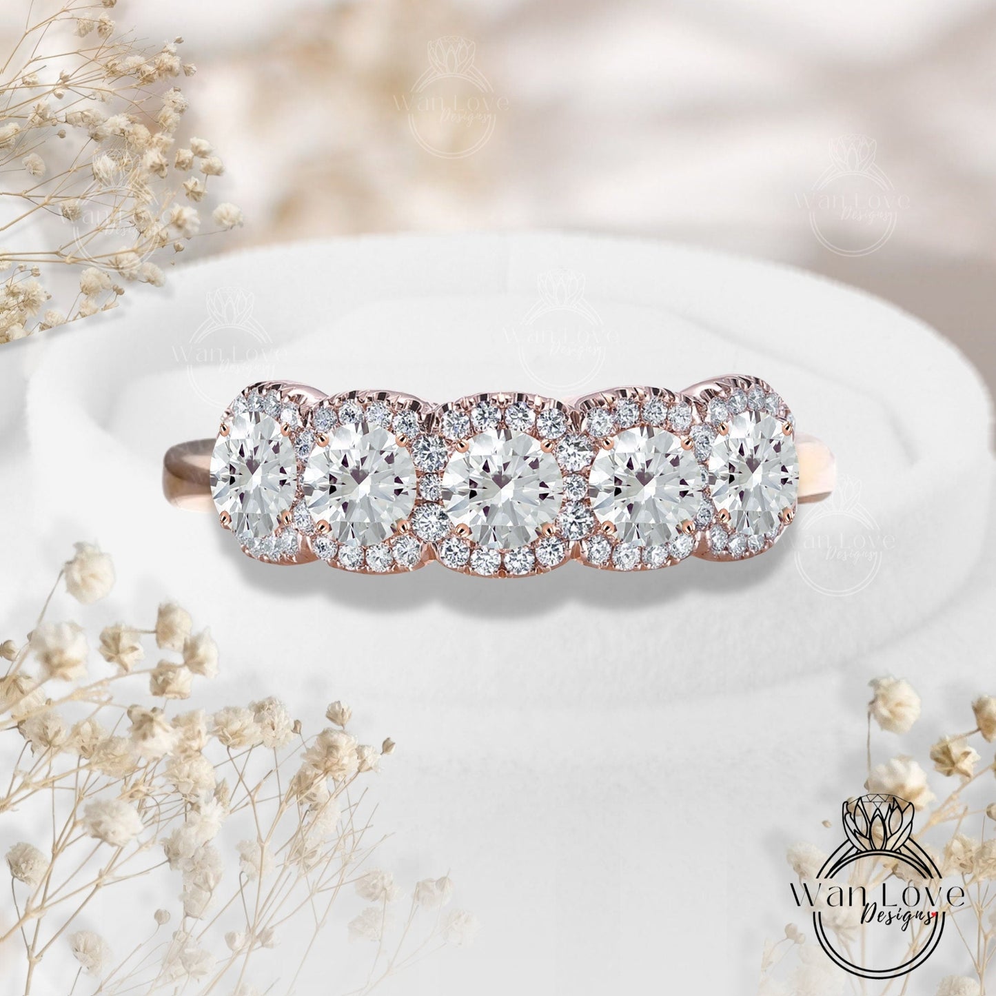 14k Rose Gold ring Diamond Halo Wedding Band 5 gemstone Moissanite Lab Diamond halo Wedding Ring 5 Stone Birthstone Choice Anniversary Ring Wan Love Designs