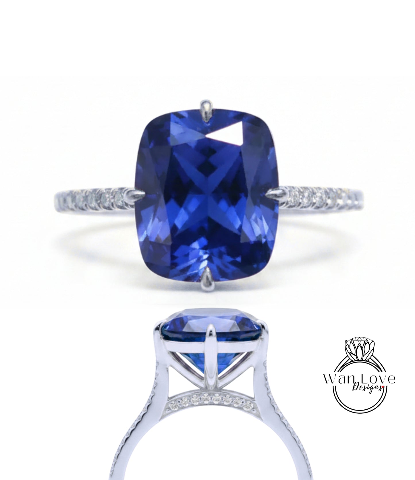 Blue Sapphire Elongated Cushion & Diamond bridge Engagement Ring Celebrity style Custom Bridal Wedding Ring Anniversary Gift