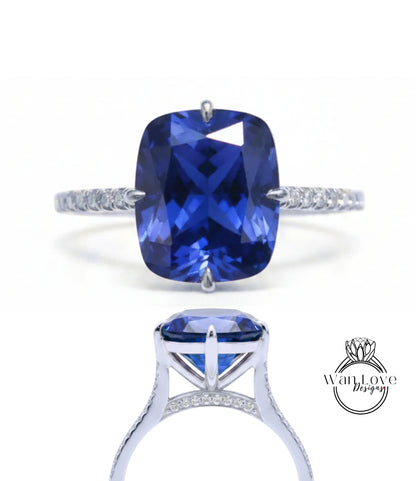 Blue Sapphire Elongated Cushion & Diamond bridge Engagement Ring Celebrity style Custom Bridal Wedding Ring Anniversary Gift