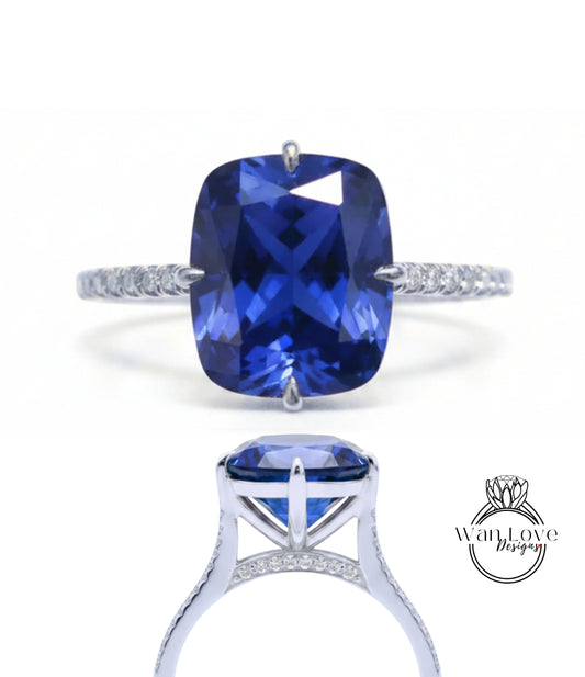 Anello di fidanzamento per celebrità con cuscino laterale allungato con zaffiro blu e diamante, oro 18kt personalizzato 14kt, platino, WanLoveDesigns