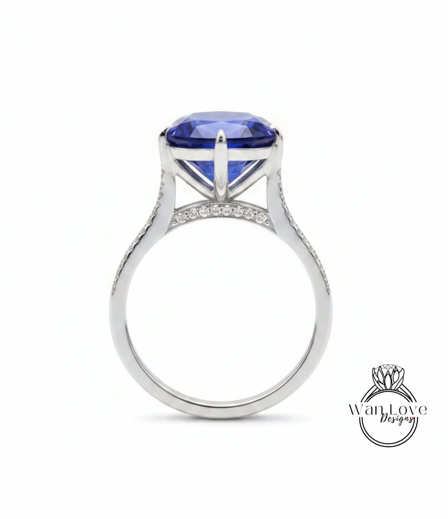 Blue Sapphire Elongated Cushion & Diamond bridge Engagement Ring Celebrity style Custom Bridal Wedding Ring Anniversary Gift
