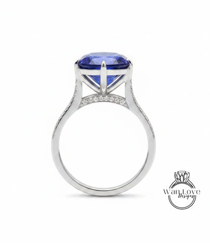 Blue Sapphire Elongated Cushion & Diamond bridge Engagement Ring Celebrity style Custom Bridal Wedding Ring Anniversary Gift