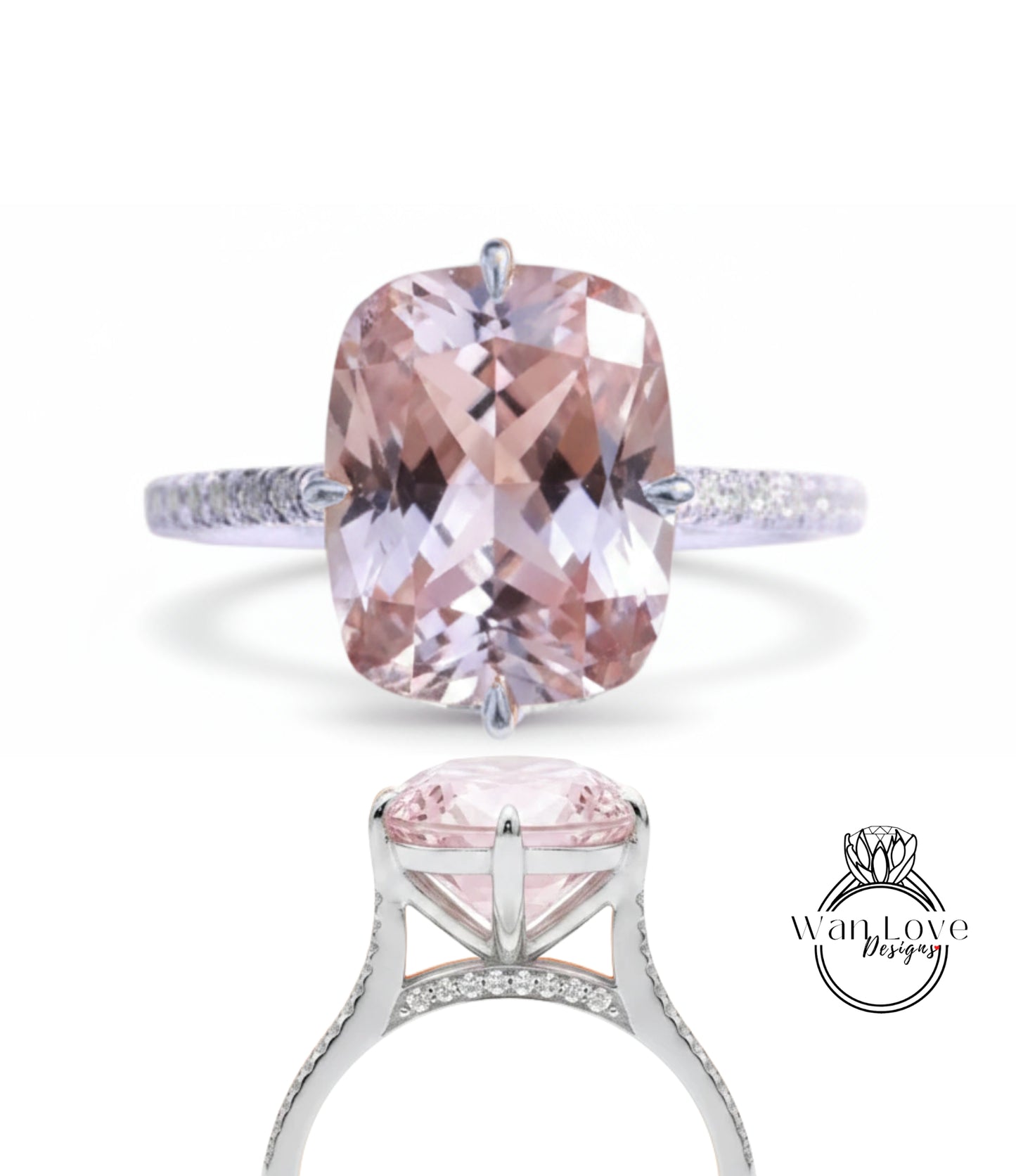 Light Pink Sapphire Elongated Cushion & Diamond bridge Engagement Ring Celebrity style Custom Bridal Wedding Ring Anniversary Gift
