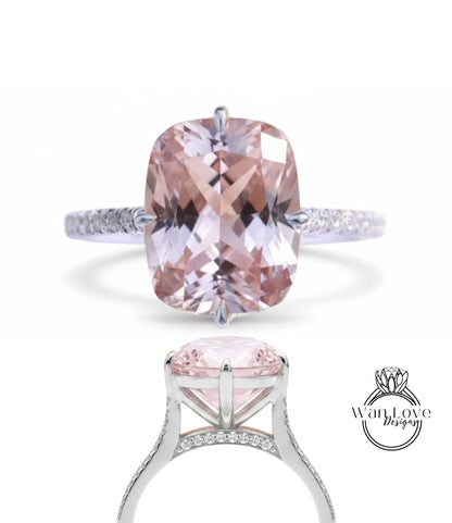 Light Pink Sapphire Elongated Cushion & Diamond bridge Engagement Ring Celebrity style Custom Bridal Wedding Ring Anniversary Gift
