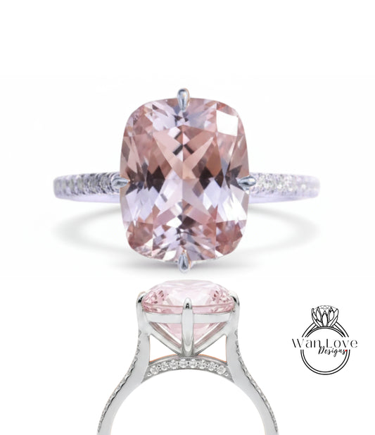 Anello di fidanzamento con alone laterale con cuscino allungato con diamante zaffiro rosa chiaro Stile celebrità personalizzato, oro 18kt 14kt-platino, WanLoveDesigns