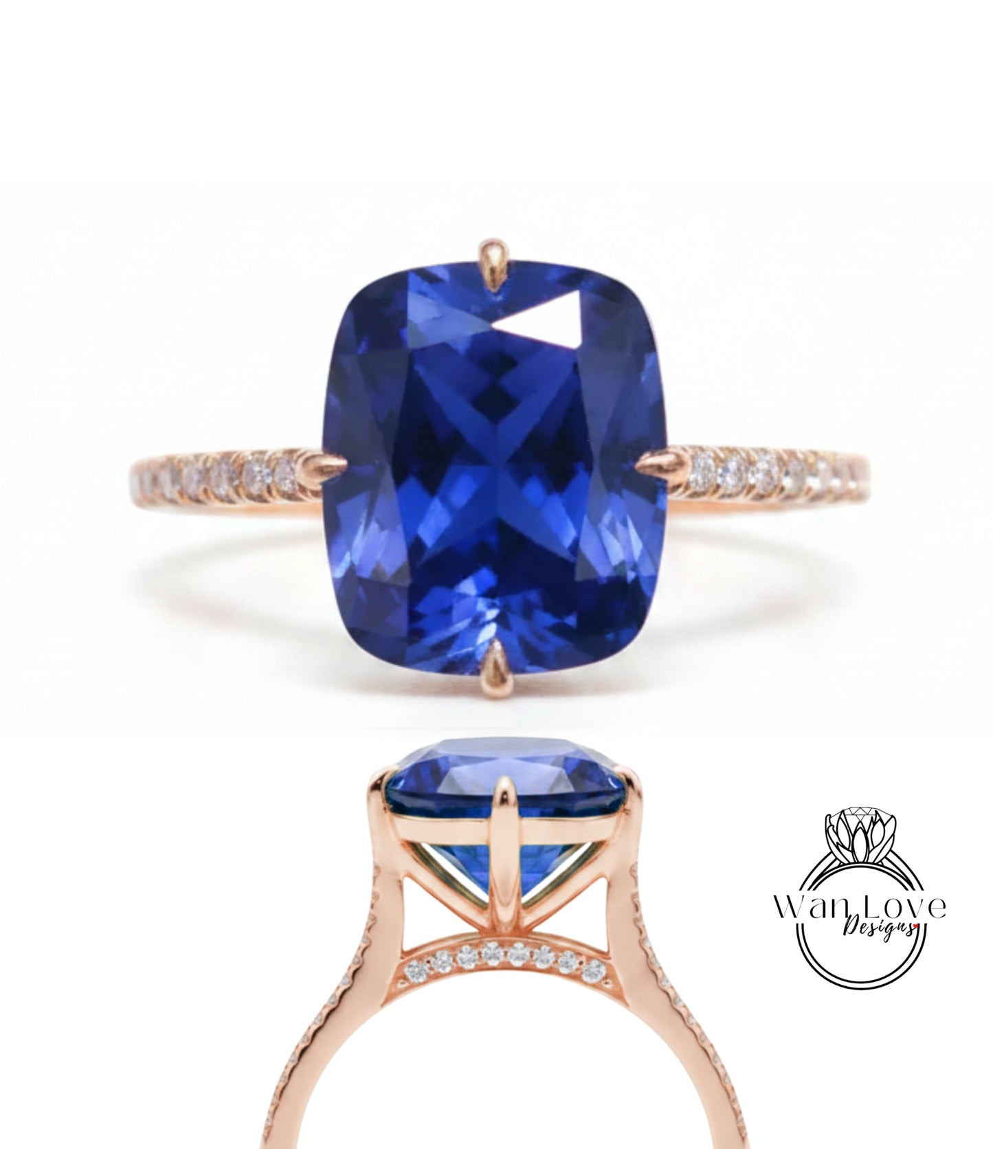 Blue Sapphire Elongated Cushion & Diamond bridge Engagement Ring Celebrity style Custom Bridal Wedding Ring Anniversary Gift