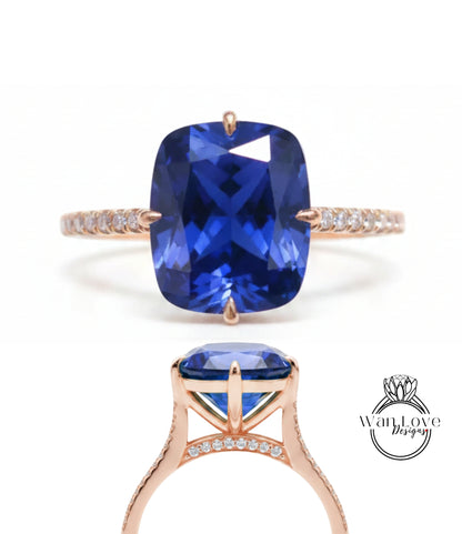 Blue Sapphire Elongated Cushion & Diamond bridge Engagement Ring Celebrity style Custom Bridal Wedding Ring Anniversary Gift