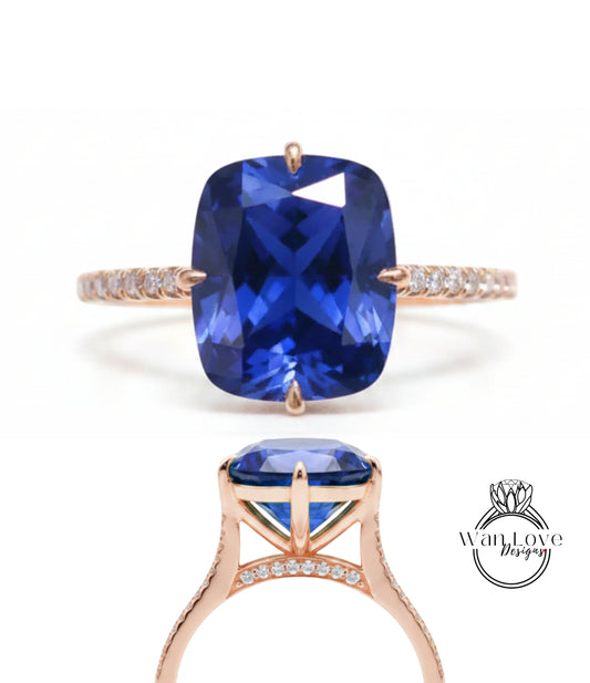 Anello di fidanzamento per celebrità con cuscino laterale allungato con zaffiro blu e diamante, oro 18kt personalizzato 14kt, platino, WanLoveDesigns