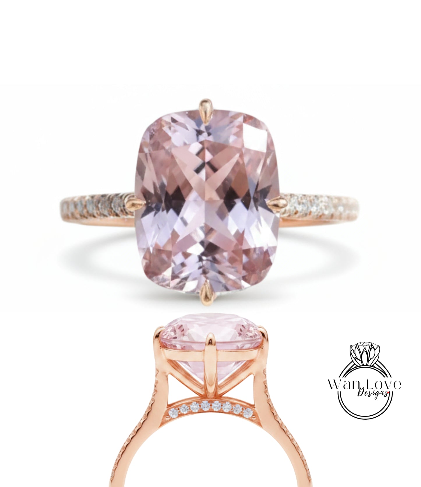 Light Pink Sapphire Elongated Cushion & Diamond bridge Engagement Ring Celebrity style Custom Bridal Wedding Ring Anniversary Gift
