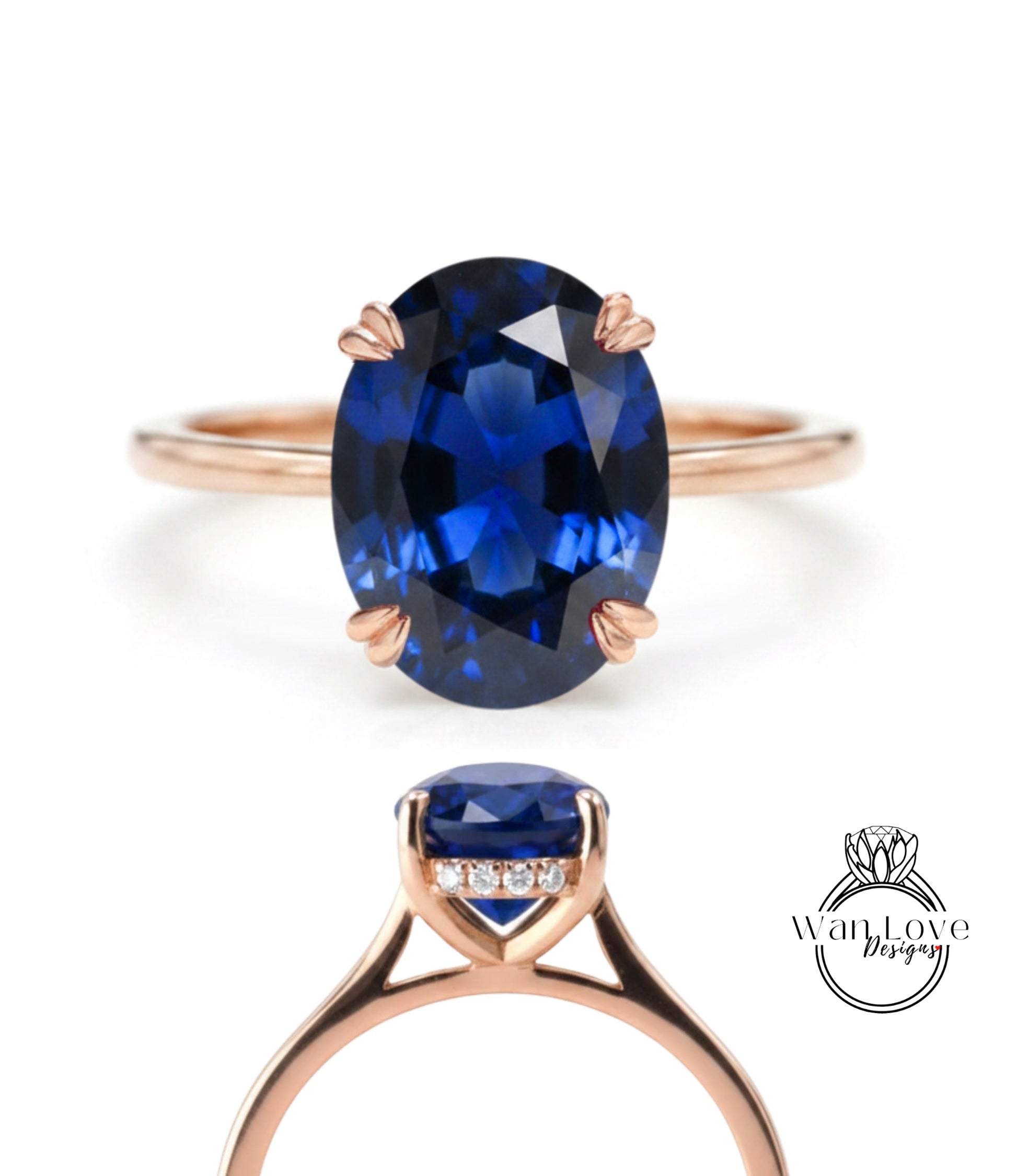 a beautiful blue gemstone ring with a rose gold band. The ring has a large oval-shaped blue gemstone set in the center, surrounded by smaller diamonds. The image also includes a close-up view of the ring's band and a smaller view of the gemstone.