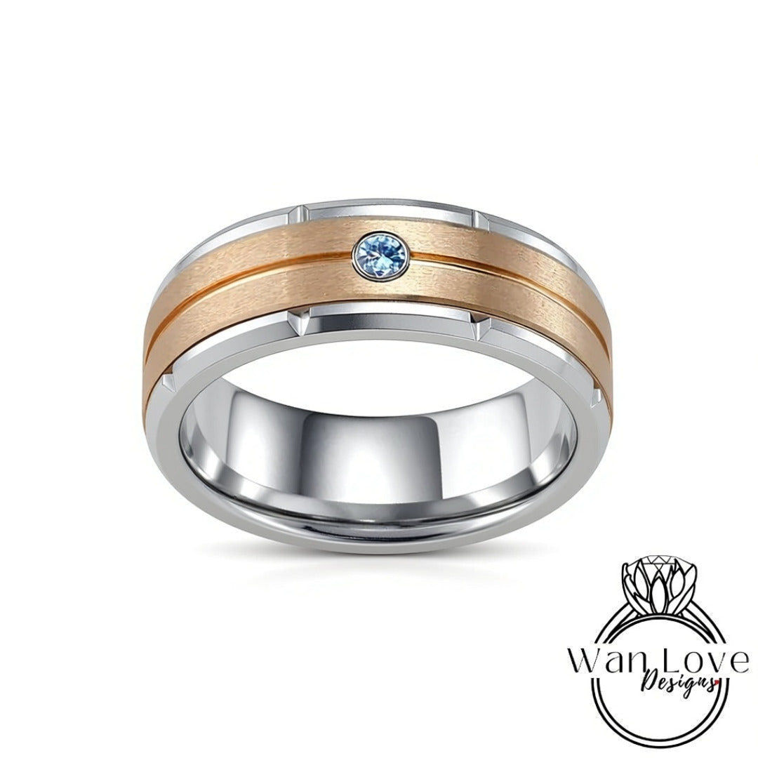 Mens Blue Sapphire Tungsten Band, Mens Silver Gold Wedding Ring, Mens Moissanite Diamond Wedding Ring, Tungsten Carbide Band,Engagement Ring