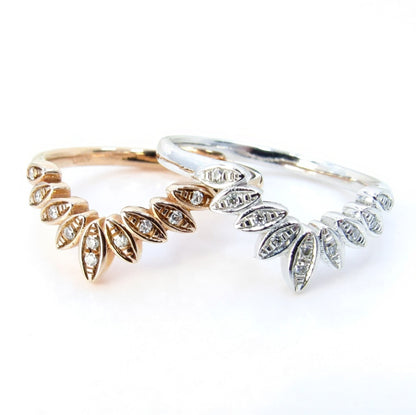 Moissanite Curved Nesting 9 Leaf Wedding Band Contoured moissanite Matching Flush ring White or Rose Gold curved bridal leaf ring-Ready Wan Love Designs