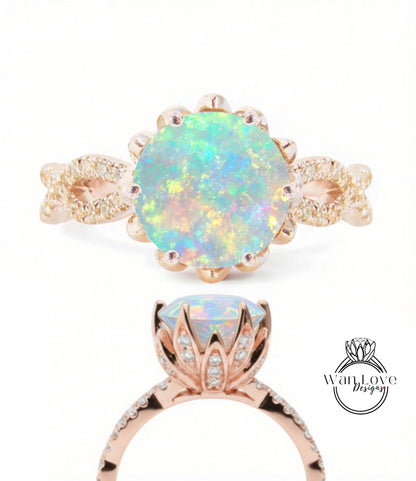 a beautiful engagement ring with a large, multicolored opal gemstone set in a rose gold band adorned with small diamonds.
