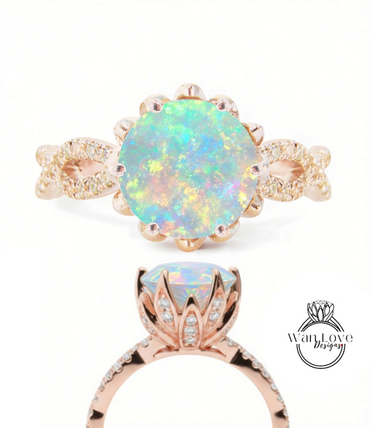 a beautiful engagement ring with a large, multicolored opal gemstone set in a rose gold band adorned with small diamonds.