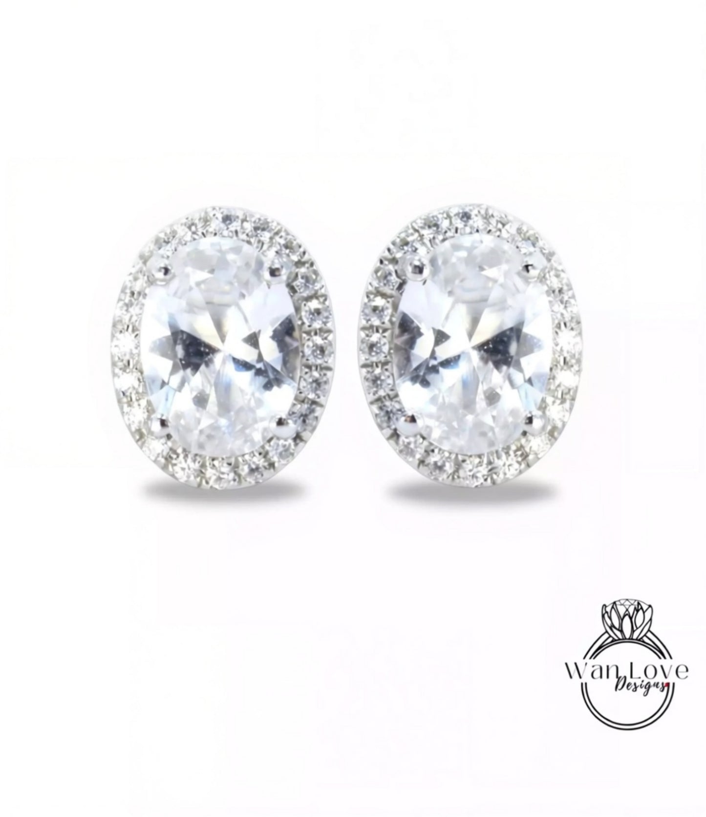 Oval Halo Stud Earrings in white gold, White Gold Halo Earrings, White Sapphire Halo Earrings, Sapphire Stud Bridal Jewelry, Ready to Ship