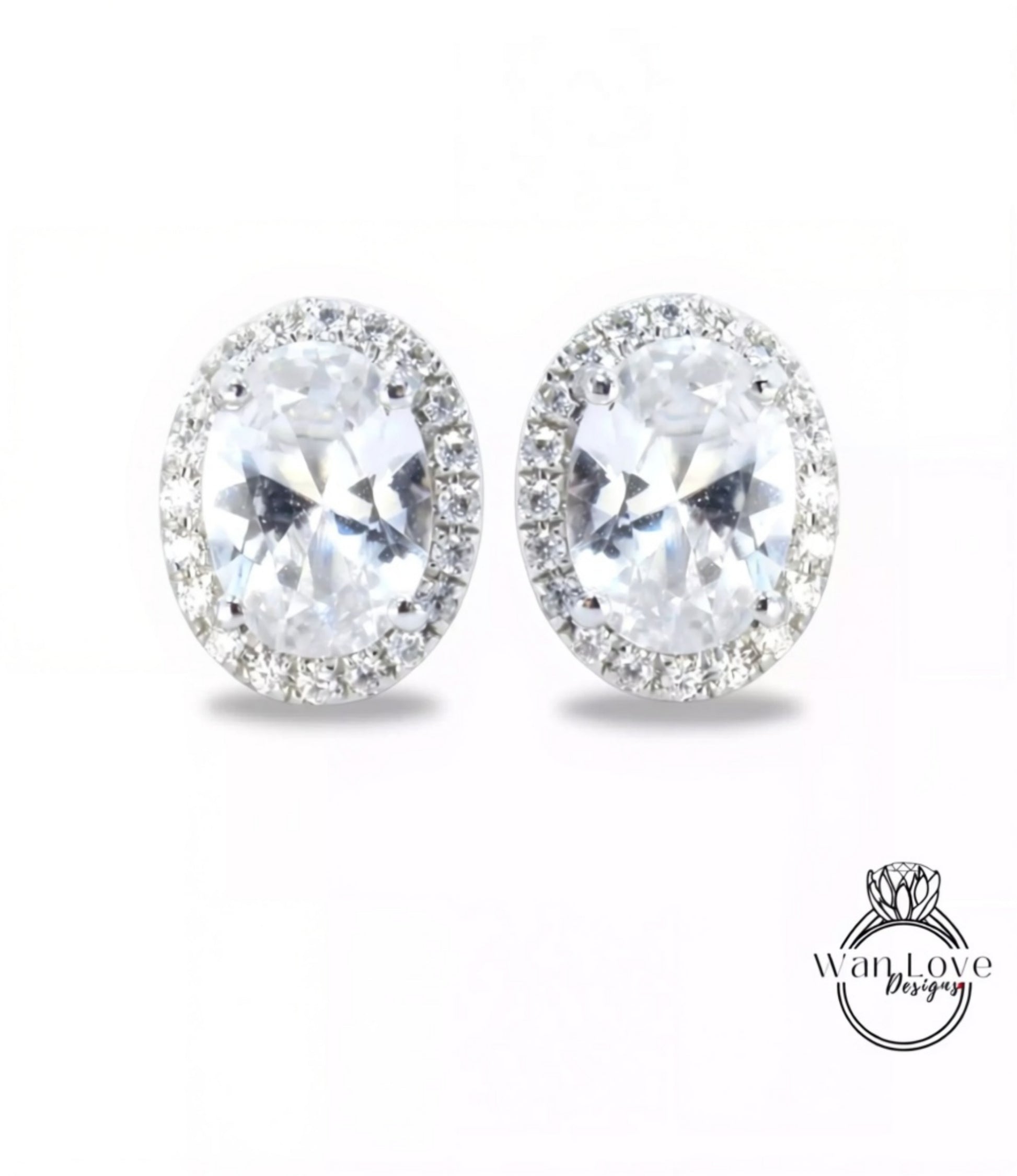 Oval Halo Stud Earrings in white gold, White Gold Halo Earrings, White Sapphire Halo Earrings, Sapphire Stud Bridal Jewelry, Ready to Ship