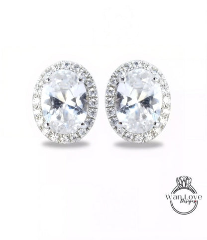Oval Halo Stud Earrings in white gold, White Gold Halo Earrings, White Sapphire Halo Earrings, Sapphire Stud Bridal Jewelry, Ready to Ship