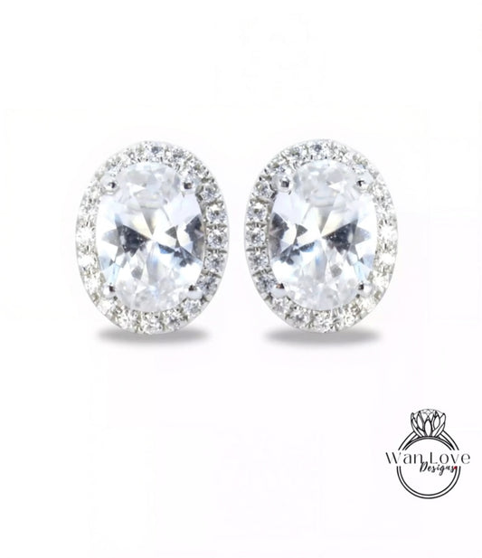 Oval Halo Stud Earrings in white gold, White Gold Halo Earrings, White Sapphire Halo Earrings, Sapphire Stud Bridal Jewelry, Ready to Ship