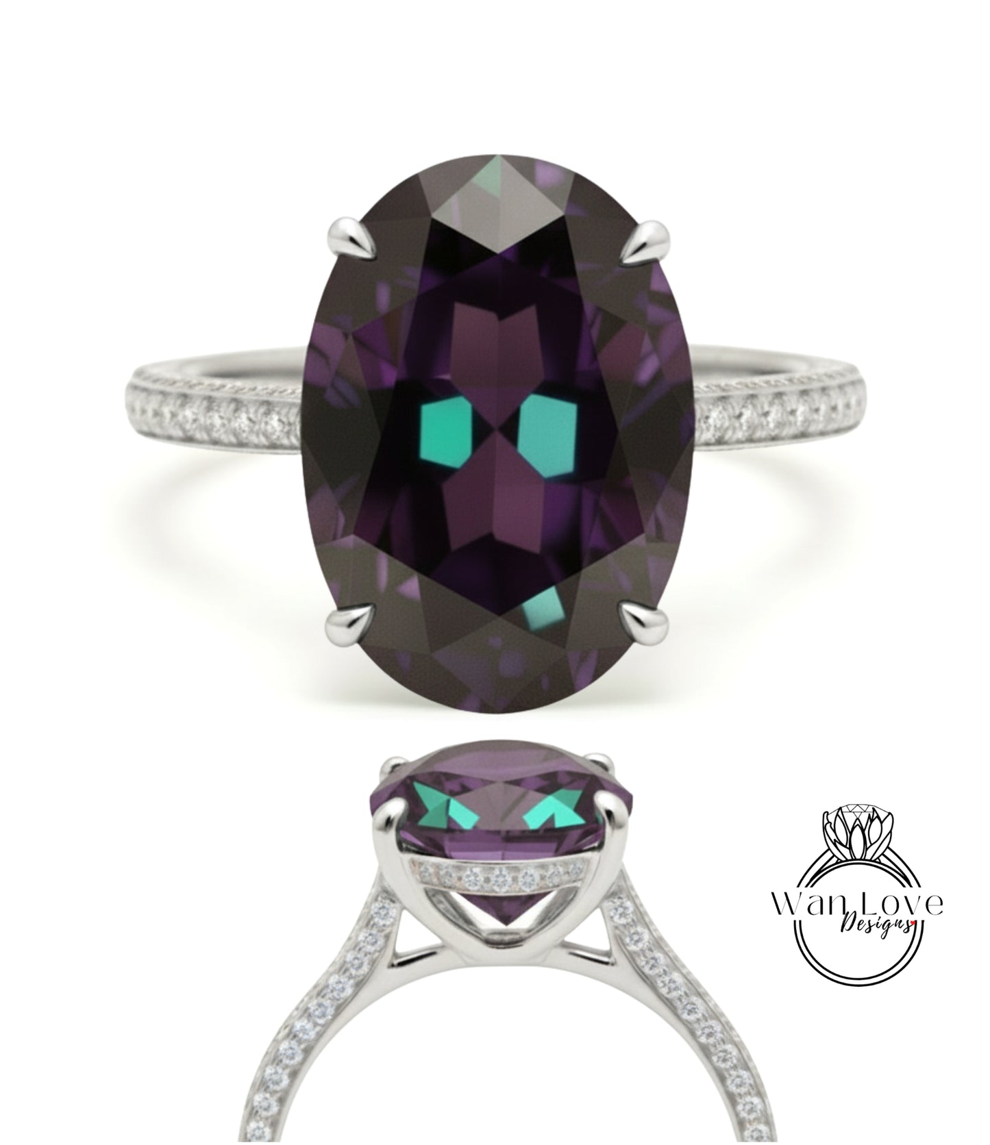 Alexandrite & Diamond Oval side halo 3 sided Almost eternity shank band Engagement Ring 14k/18k Rose White Gold, Celebrity Elongated Oval Bridal wedding Ring, Anniversary Gift