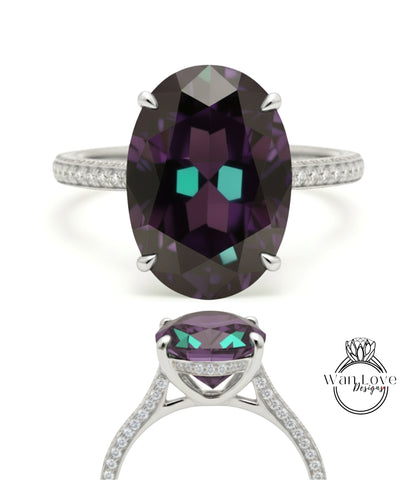 Alexandrite & Diamond Oval side halo 3 sided Almost eternity shank band Engagement Ring 14k/18k Rose White Gold, Celebrity Elongated Oval Bridal wedding Ring, Anniversary Gift