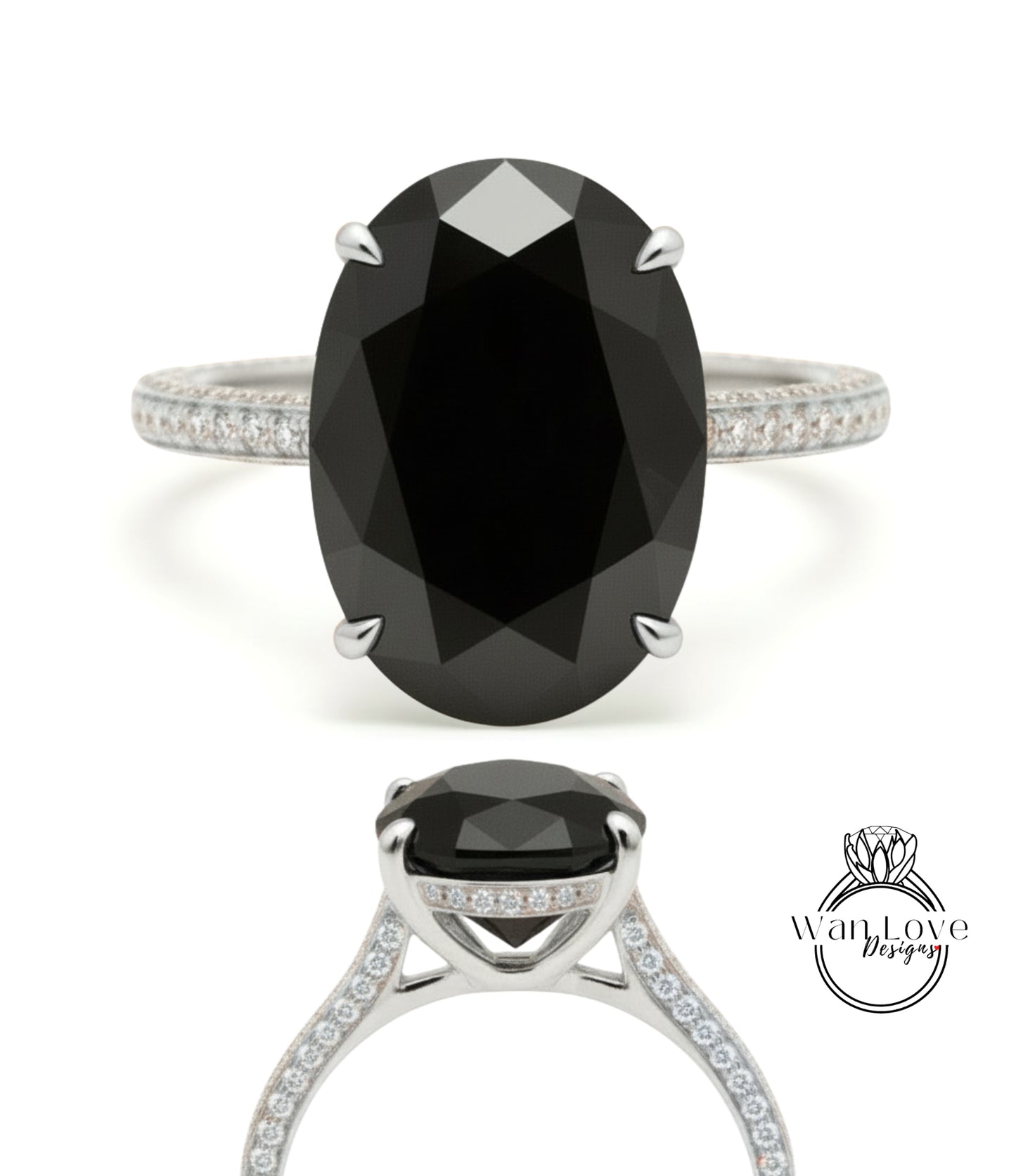 Black Moissanite & Diamond Oval side halo 3 sided Almost eternity shank band Engagement Ring 14k/18k Rose White Gold, Celebrity Elongated Oval Bridal wedding Ring, Anniversary Gift