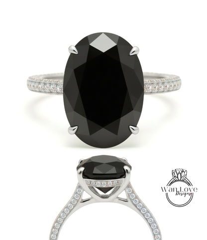 Black Moissanite & Diamond Oval side halo 3 sided Almost eternity shank band Engagement Ring 14k/18k Rose White Gold, Celebrity Elongated Oval Bridal wedding Ring, Anniversary Gift