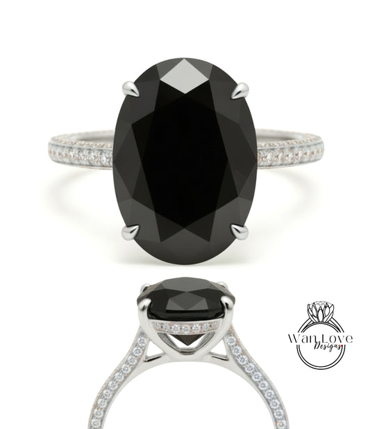 Black Moissanite & Diamond Oval side halo 3 sided Almost eternity shank band Engagement Ring 14k/18k Rose White Gold, Celebrity Elongated Oval Bridal wedding Ring, Anniversary Gift