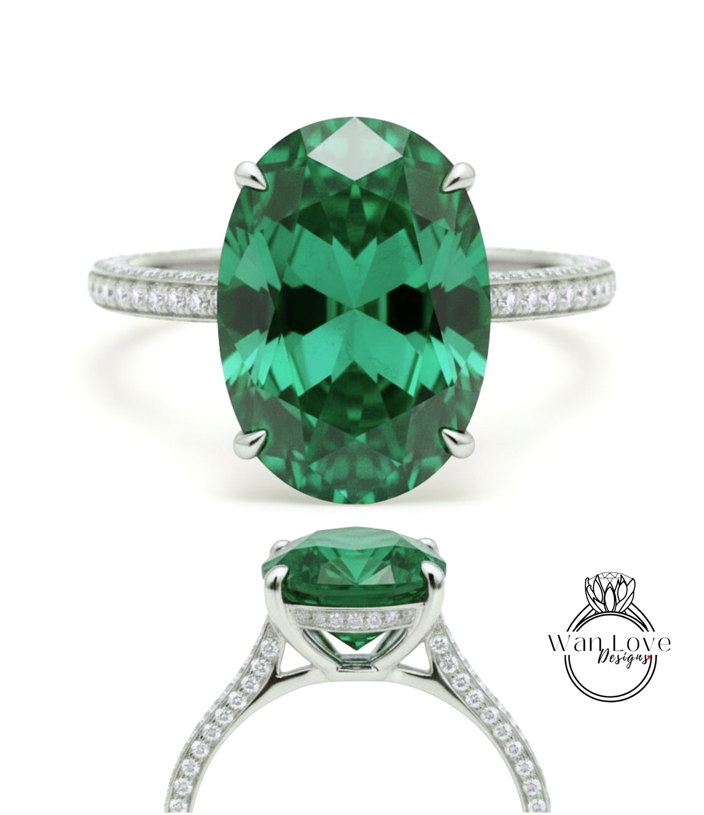 Celebrity style engagement ring 9ct Oval Emerald hidden halo rose gold almost eternity band black diamond bridal ring Promise Anniversary