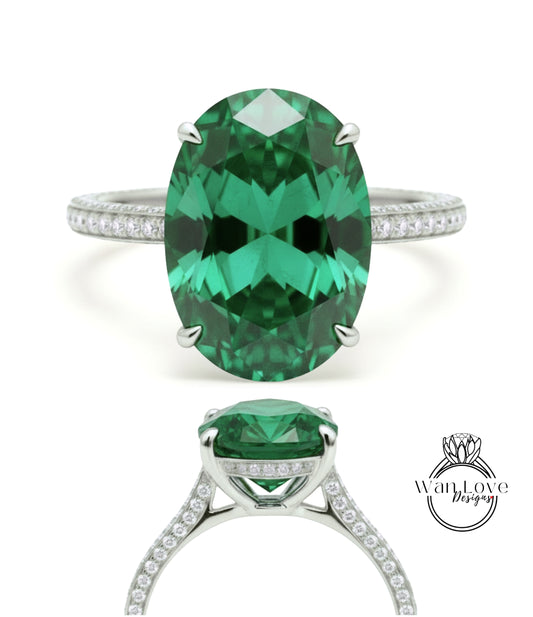 Celebrity style engagement ring 9ct Oval Emerald hidden halo rose gold almost eternity band black diamond bridal ring Promise Anniversary