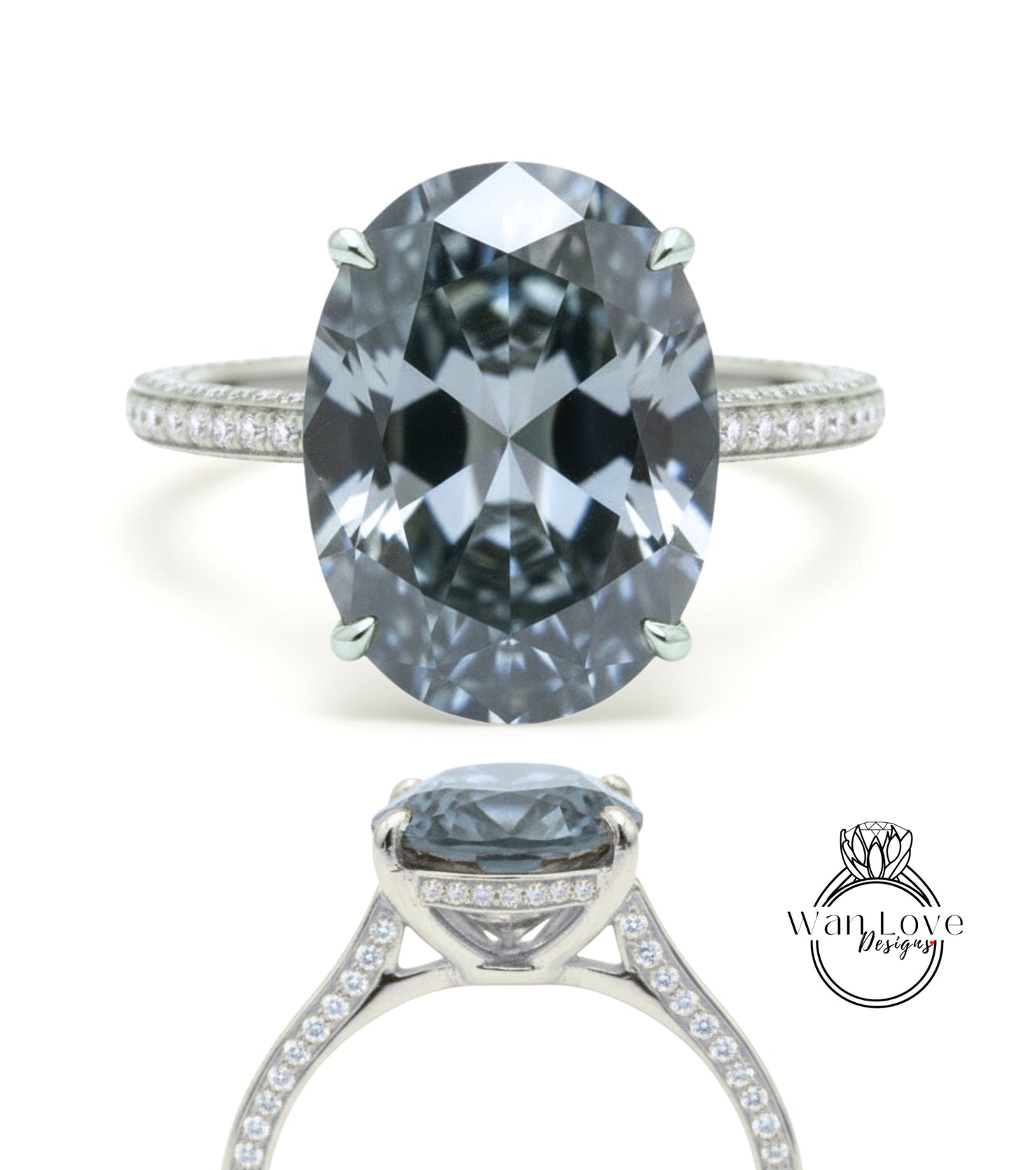 9ct Oval Gray Moissanite & Diamonds Oval Engagement Ring, Celebrity style Ring, Oval Moissanite Wedding Ring, Bridal Ring Design, Gift her