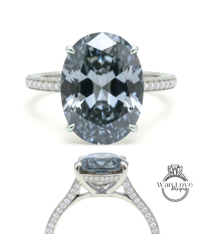9ct Oval Gray Moissanite & Diamonds Oval Engagement Ring, Celebrity style Ring, Oval Moissanite Wedding Ring, Bridal Ring Design, Gift her
