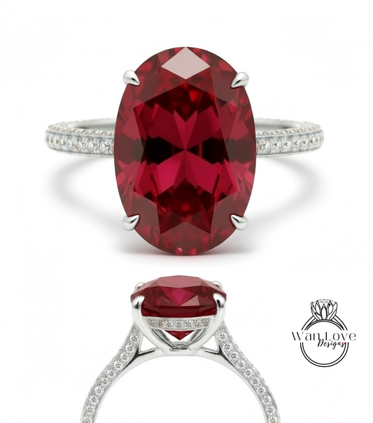 Ruby & Diamond Oval side halo 3 sided Almost eternity shank band Engagement Ring 14k/18k Rose White Gold, Celebrity Elongated Oval Bridal wedding Ring, Anniversary Gift