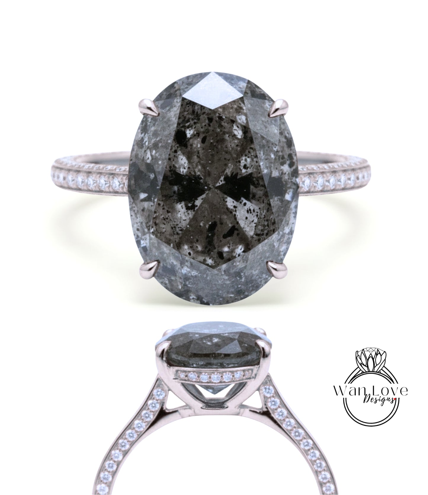 Salt & Pepper Diamond Oval side halo 3 sided Almost eternity shank band Engagement Ring 14k/18k Rose White Gold, Celebrity Elongated Oval Bridal wedding Ring, Anniversary Gift