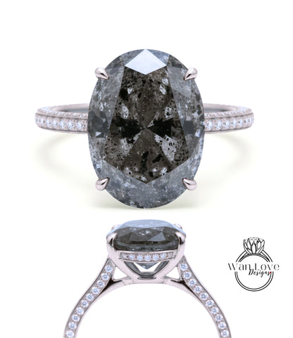 Salt & Pepper Diamond Oval side halo 3 sided Almost eternity shank band Engagement Ring 14k/18k Rose White Gold, Celebrity Elongated Oval Bridal wedding Ring, Anniversary Gift