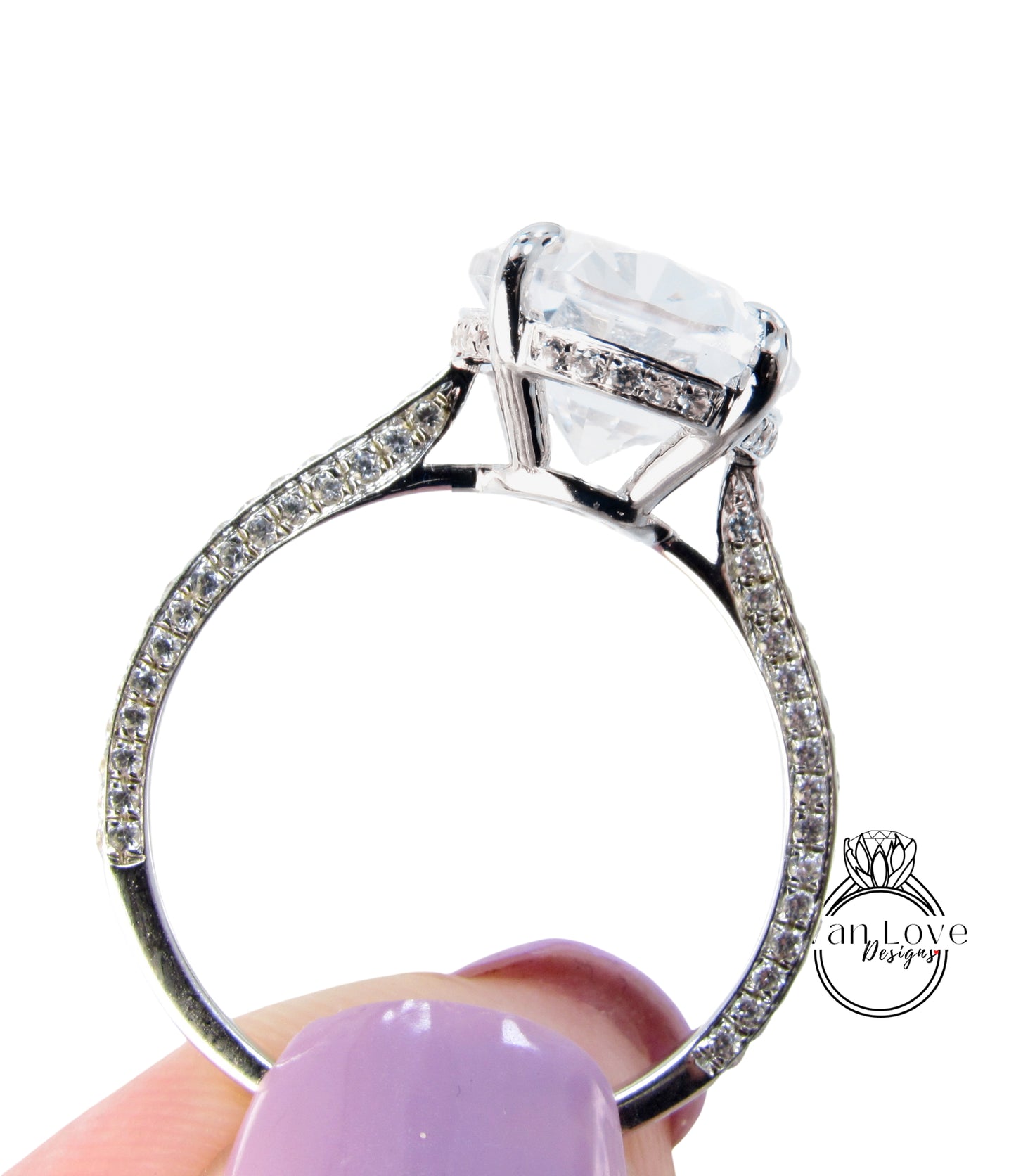 White Sapphire & Diamond Cushion 3 sided Band Celebrity Style Engagement Ring Custom 14k 18k White Yellow Rose Gold Platinum Wedding Anniversary Bridal Gift