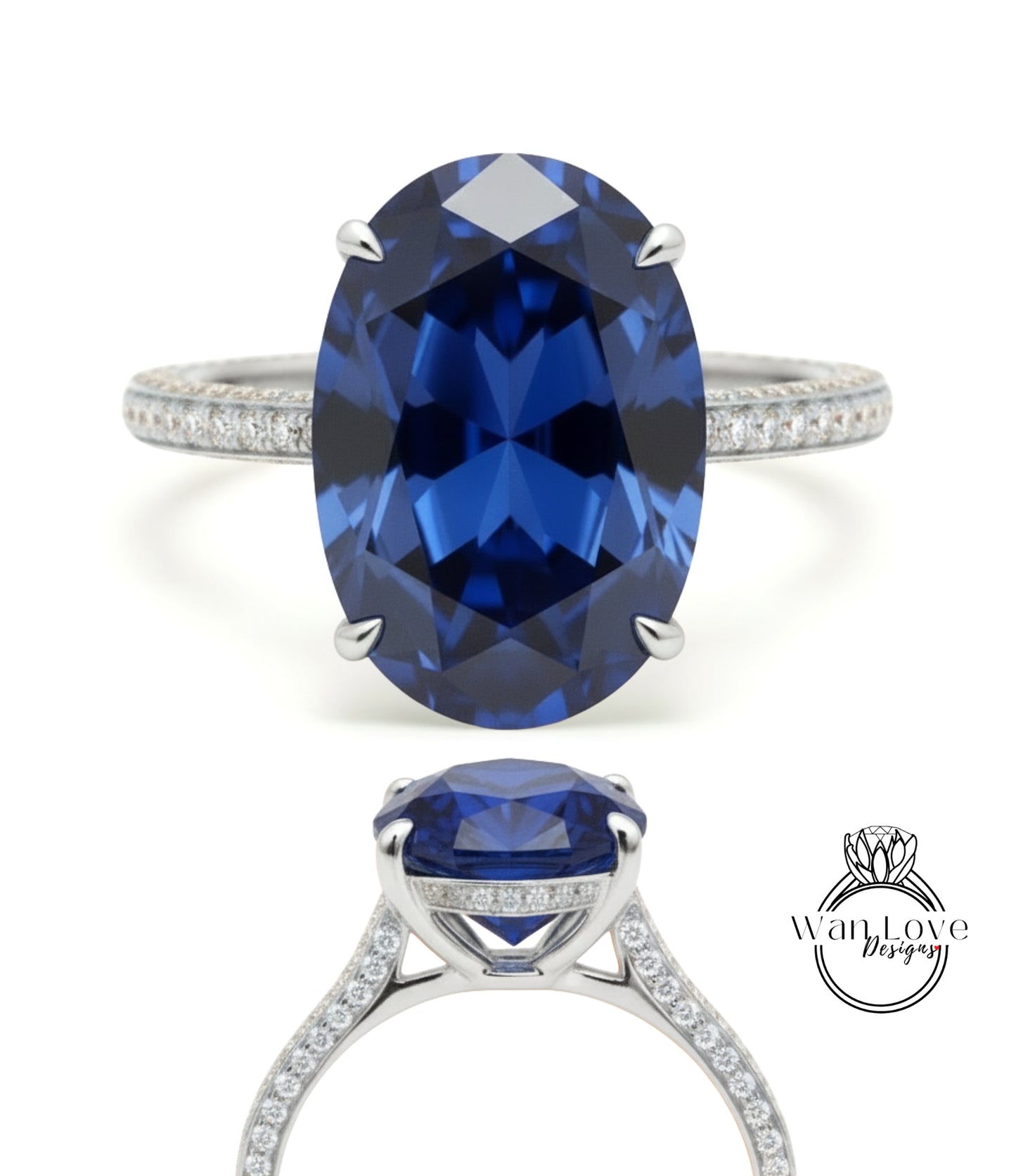 Blue Sapphire & Diamond Oval side halo 3 sided Almost eternity shank band Engagement Ring 14k/18k Rose White Gold, Celebrity Elongated Oval Bridal wedding Ring, Anniversary Gift