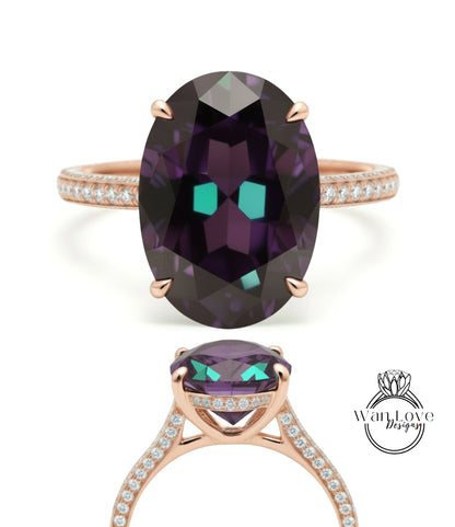 Alexandrite & Diamond Oval side halo 3 sided Almost eternity shank band Engagement Ring 14k/18k Rose White Gold, Celebrity Elongated Oval Bridal wedding Ring, Anniversary Gift
