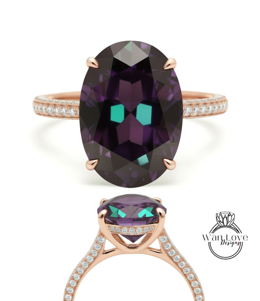 Alexandrite & Diamond Oval side halo 3 sided Almost eternity shank band Engagement Ring 14k/18k Rose White Gold, Celebrity Elongated Oval Bridal wedding Ring, Anniversary Gift