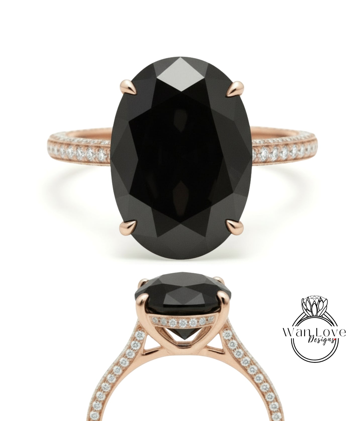 Black Moissanite & Diamond Oval side halo 3 sided Almost eternity shank band Engagement Ring 14k/18k Rose White Gold, Celebrity Elongated Oval Bridal wedding Ring, Anniversary Gift