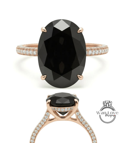 Black Moissanite & Diamond Oval side halo 3 sided Almost eternity shank band Engagement Ring 14k/18k Rose White Gold, Celebrity Elongated Oval Bridal wedding Ring, Anniversary Gift